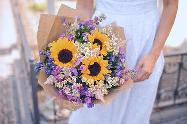 Sunflower Wedding Bouquet In The Hands Of The Bride Stock Photo - Download  Image Now - iStock